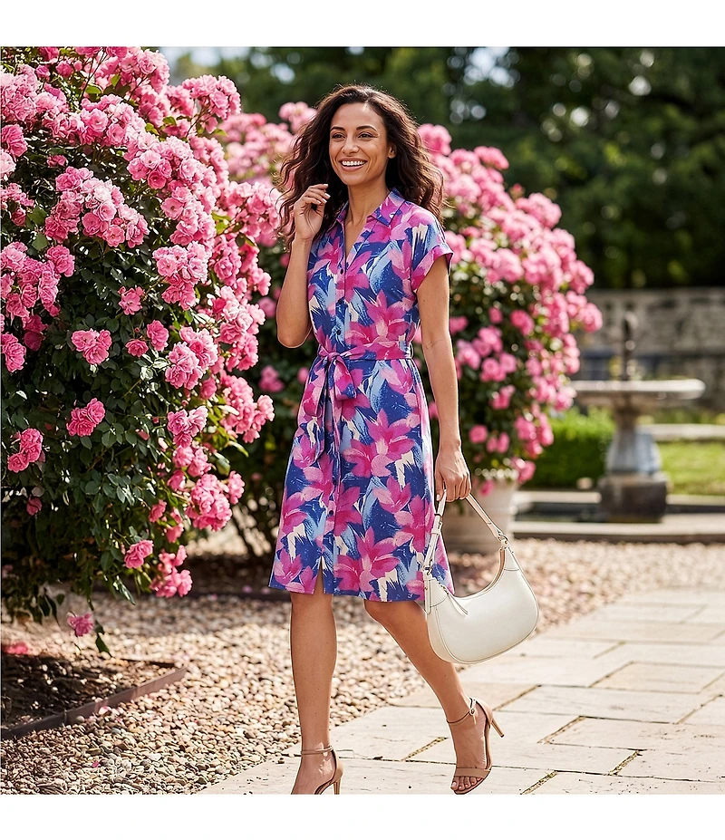 Investments Floral Print Short Sleeve Point Collar Button Front Tie Belt Stretch Linen Midi Dress