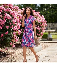 Investments Floral Print Short Sleeve Point Collar Button Front Tie Belt Stretch Linen Midi Dress