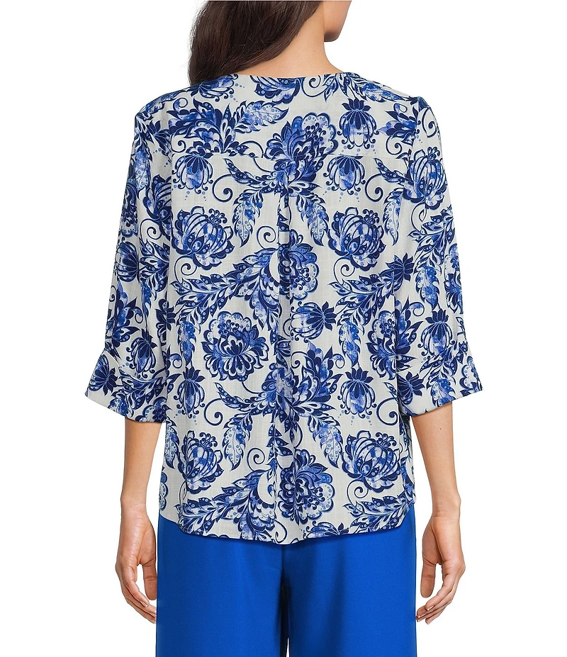 Investments Floral Scroll Print 3/4 Sleeve Split V-Neck Button Shirt