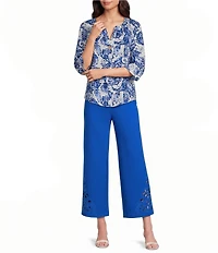 Investments Floral Scroll Print 3/4 Sleeve Split V-Neck Button Shirt