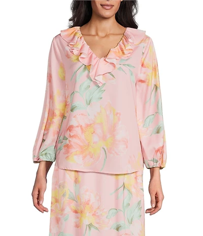 Investments Garden Floral Print 3/4 Sleeve Ruffle V-Neck Coordinating Blouse