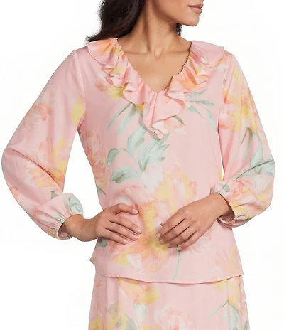 Investments Garden Floral Print 3/4 Sleeve Ruffle V-Neck Coordinating Blouse