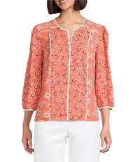 Investments Geo Bouquet Mixed Print 3/4 Sleeve Split Round Neck Blouse