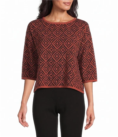 Investments Geo Diamond Print Jacquard Long Sleeve Boat Neck Pullover Sweater
