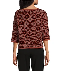 Investments Geo Diamond Print Jacquard Long Sleeve Boat Neck Pullover Sweater