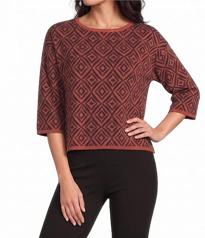 Investments Geo Diamond Print Jacquard Long Sleeve Boat Neck Pullover Sweater