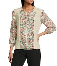 Investments Geo Floral Mixed Print Woven 3/4 Sleeve Split Round Neck Blouse