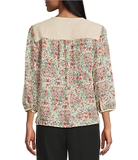 Investments Geo Floral Mixed Print Woven 3/4 Sleeve Split Round Neck Blouse