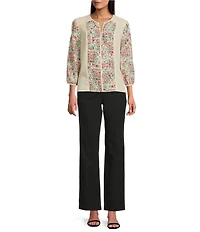 Investments Geo Floral Mixed Print Woven 3/4 Sleeve Split Round Neck Blouse