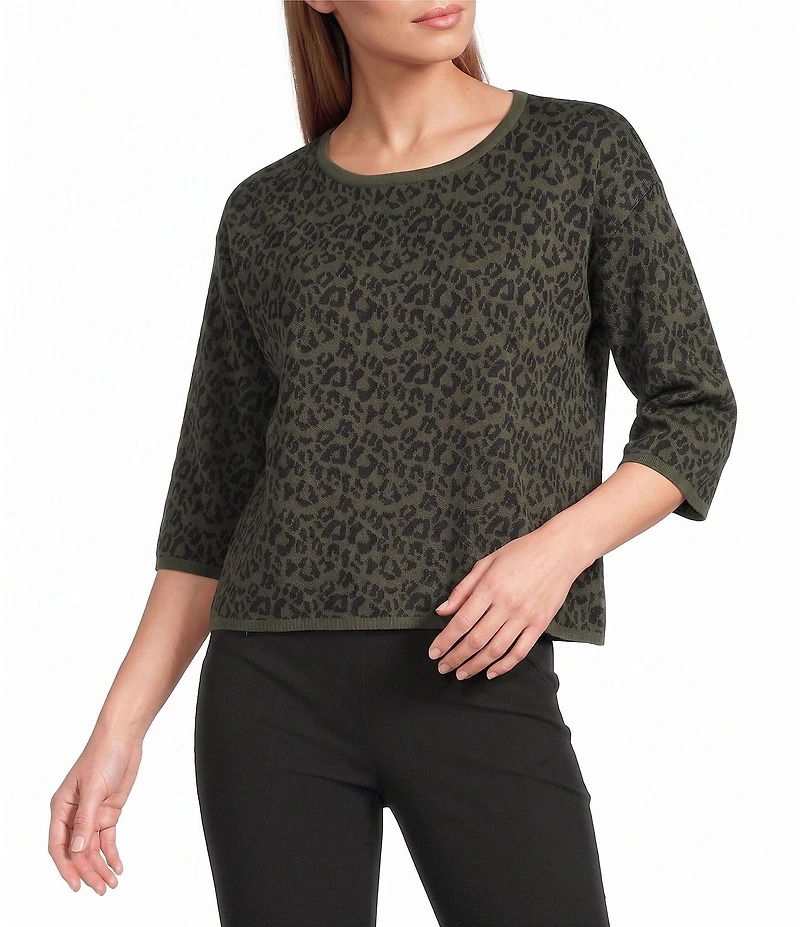 Investments Green Leopard Print Jacquard 3/4 Sleeve Boat Neck Pullover Sweater