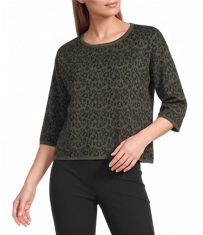 Investments Green Leopard Print Jacquard 3/4 Sleeve Boat Neck Pullover Sweater