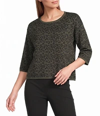 Investments Green Leopard Print Jacquard 3/4 Sleeve Boat Neck Pullover Sweater
