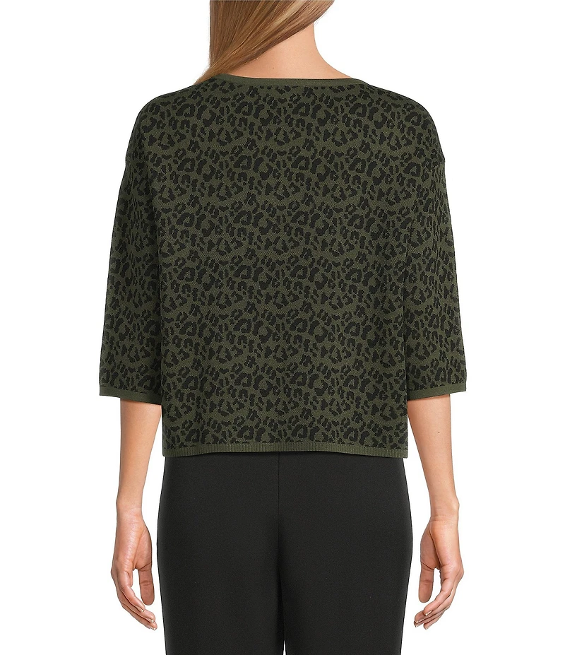 Investments Green Leopard Print Jacquard 3/4 Sleeve Boat Neck Pullover Sweater