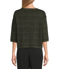 Investments Green Leopard Print Jacquard 3/4 Sleeve Boat Neck Pullover Sweater