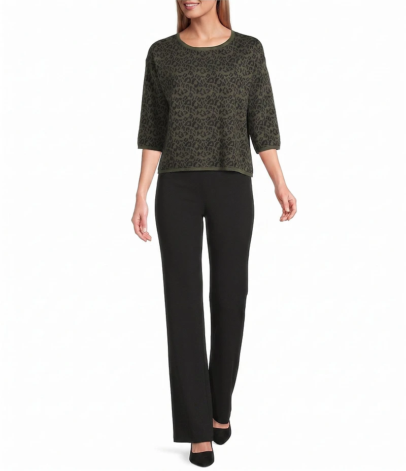 Investments Green Leopard Print Jacquard 3/4 Sleeve Boat Neck Pullover Sweater