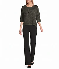 Investments Green Leopard Print Jacquard 3/4 Sleeve Boat Neck Pullover Sweater