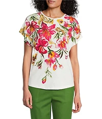 Investments Hanging Floral Short Sleeve Novelty Crew Neck Top