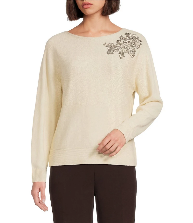 Investments Haute Embellished Long Sleeve Boat Neck Sweater