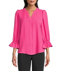 Investments Julie 3/4 Sleeve Y-Neck Button Down Blouse