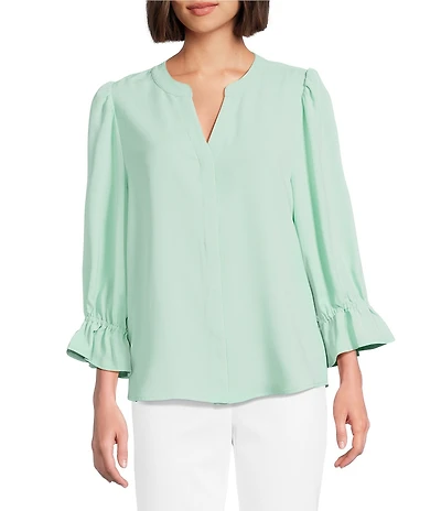Investments Julie 3/4 Sleeve Y-Neck Button Down Blouse