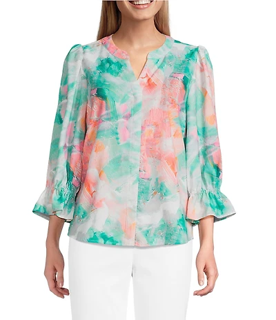 Investments Julie Abstract Marble Print 3/4 Sleeve Y-Neck Button Down Blouse