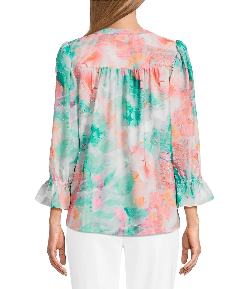 Investments Julie Abstract Marble Print 3/4 Sleeve Y-Neck Button Down Blouse