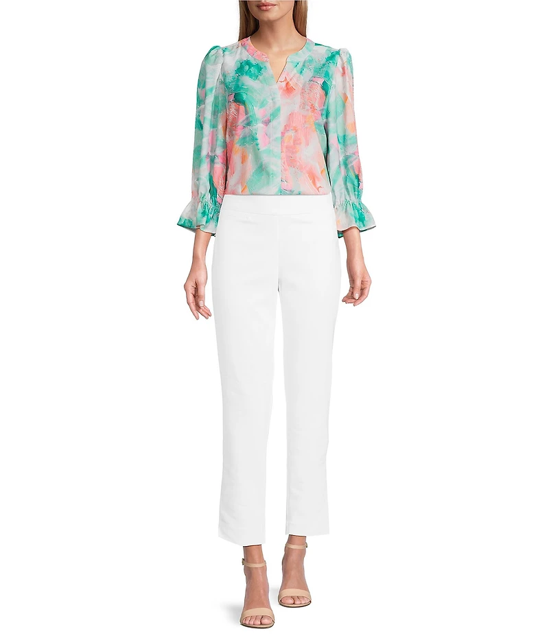 Investments Julie Abstract Marble Print 3/4 Sleeve Y-Neck Button Down Blouse