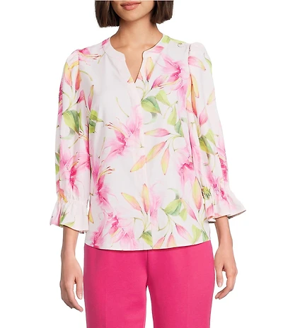 Investments Julie Exploded Floral Print 3/4 Sleeve Y-Neck Button Down Blouse
