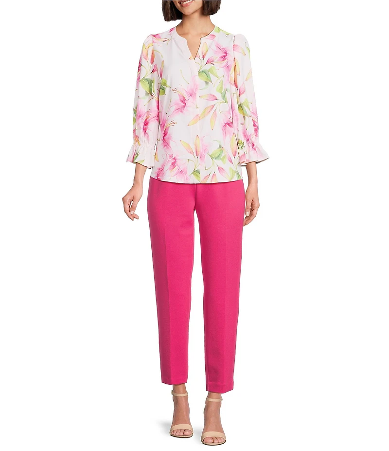 Investments Julie Exploded Floral Print 3/4 Sleeve Y-Neck Button Down Blouse