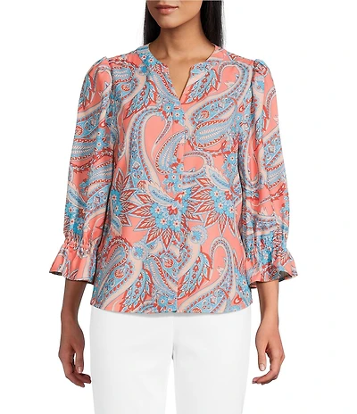 Investments Julie Peach Echo Paisley Print 3/4 Sleeve Button Down Y-Neck Blouse