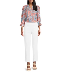 Investments Julie Peach Echo Paisley Print 3/4 Sleeve Button Down Y-Neck Blouse