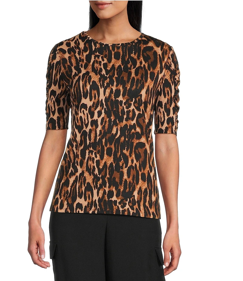 Investments Knit Animal Print Elbow Length Sleeve Crew Neck Top