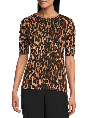 Investments Knit Animal Print Elbow Length Sleeve Crew Neck Top