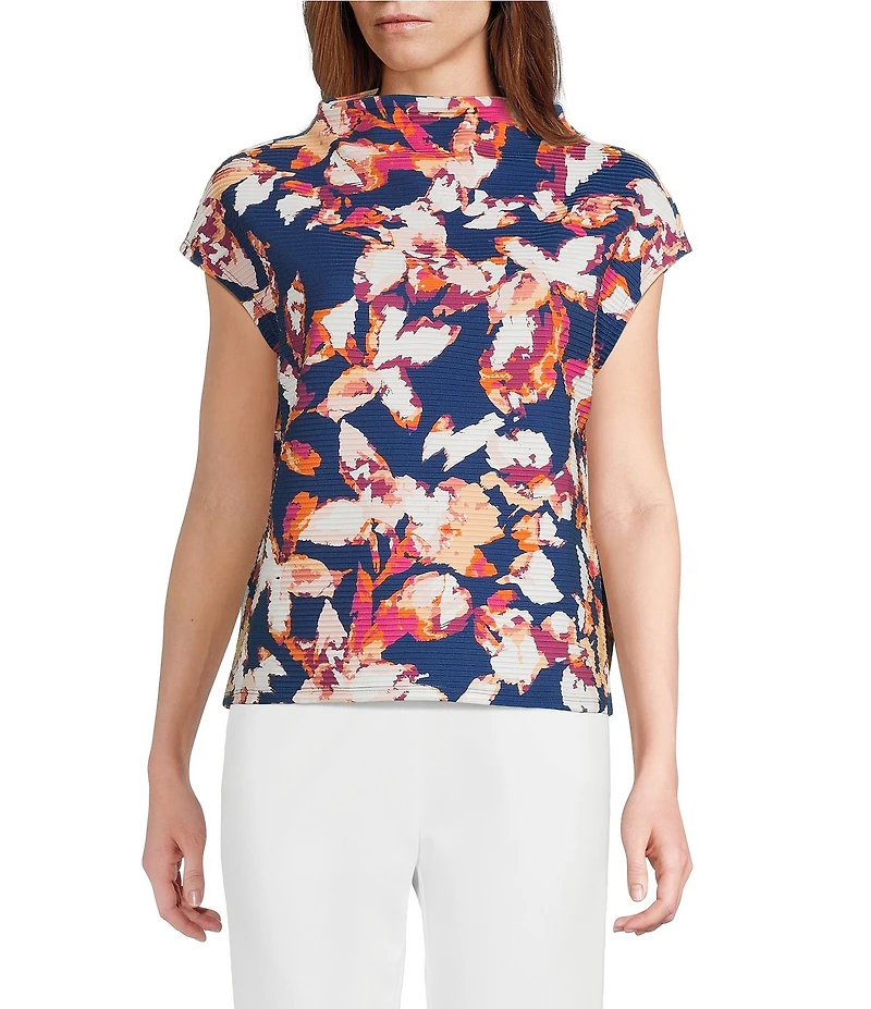 Investments Knit Blue Autumn Floral Short Sleeve High Neck Ottoman Top