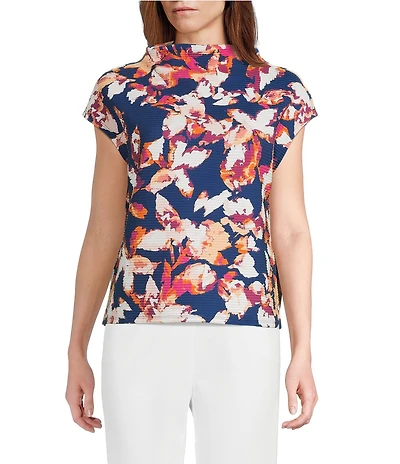 Investments Knit Blue Autumn Floral Short Sleeve High Neck Ottoman Top