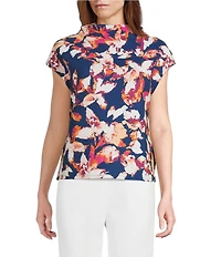 Investments Knit Blue Autumn Floral Short Sleeve High Neck Ottoman Top