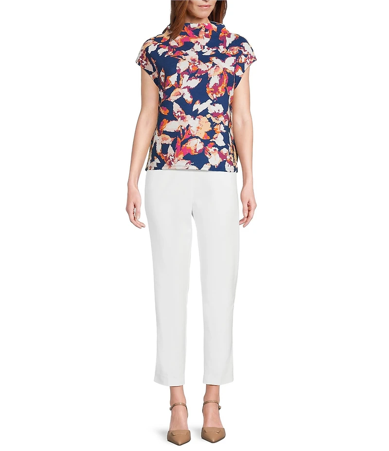 Investments Knit Blue Autumn Floral Short Sleeve High Neck Ottoman Top