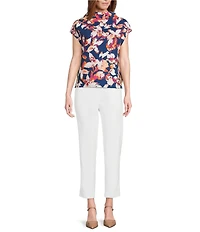 Investments Knit Blue Autumn Floral Short Sleeve High Neck Ottoman Top