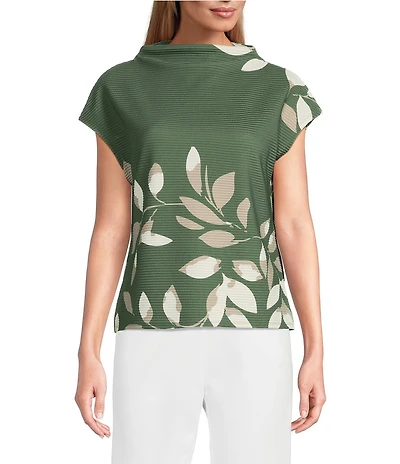 Investments Knit Bronze Green/Neutral Leaf Short Sleeve High Neck Ottoman Top