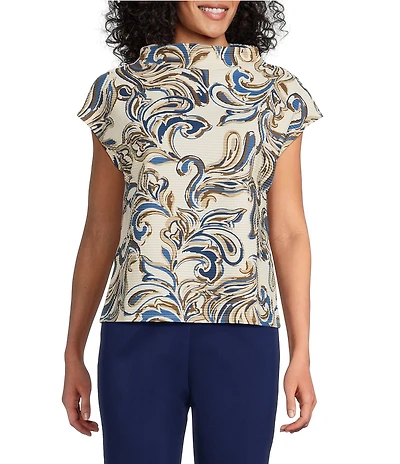 Investments Knit Buttercream/Blue Paisley Short Sleeve High Neck Ottoman Top