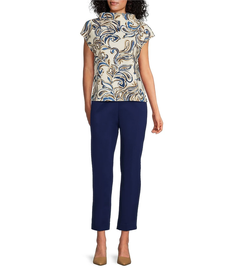 Investments Knit Buttercream/Blue Paisley Short Sleeve High Neck Ottoman Top