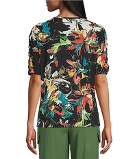 Investments Knit Floral Garden Gestures Elbow Length Sleeve Crew Neck Top