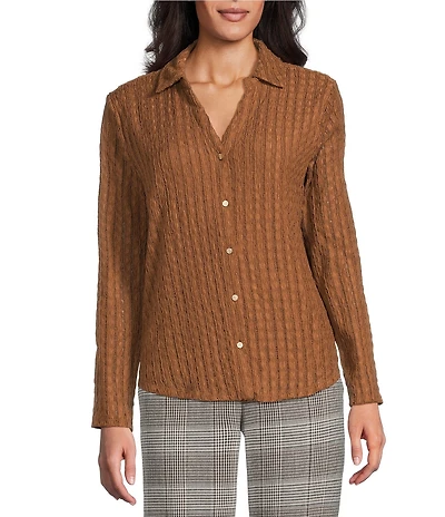 Investments Knit Long Sleeve Y-Neck Button Front Novelty Top