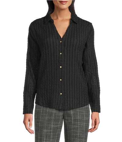 Investments Knit Long Sleeve Y-Neck Button Front Novelty Top