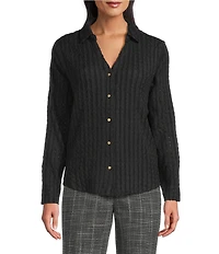 Investments Knit Long Sleeve Y-Neck Button Front Novelty Top