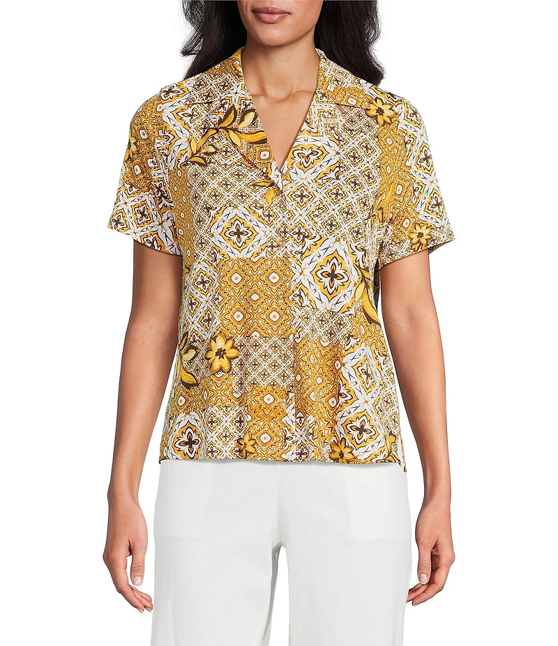 Investments Knit Mosaic Patchwork Short Sleeve Button Front Notch Collar Camp Top