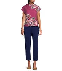 Investments Knit Raspberry Paisley Short Sleeve High Neck Ottoman Top