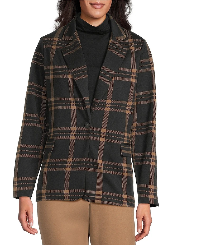 Investments Large Windowpane Long Sleeve One Button Notch Lapel Blazer