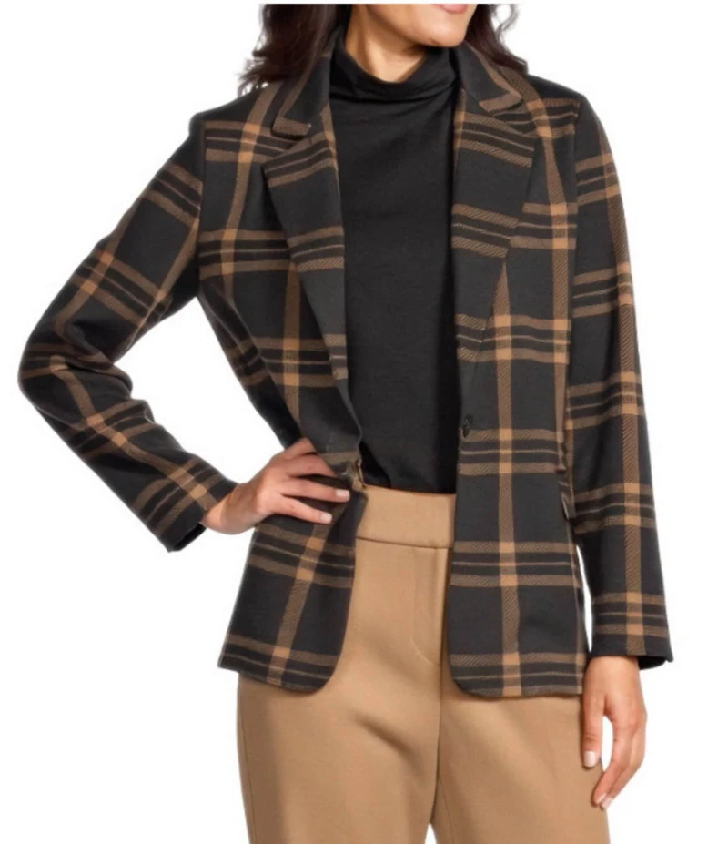 Investments Large Windowpane Long Sleeve One Button Notch Lapel Blazer