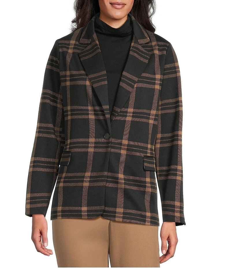 Investments Large Windowpane Long Sleeve One Button Notch Lapel Blazer